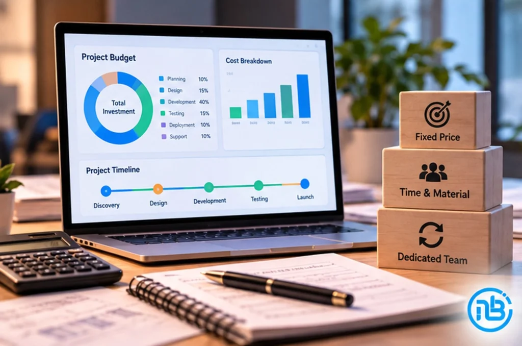 Graphic illustrating software development project budgeting, costs, and project milestones for SMEs.