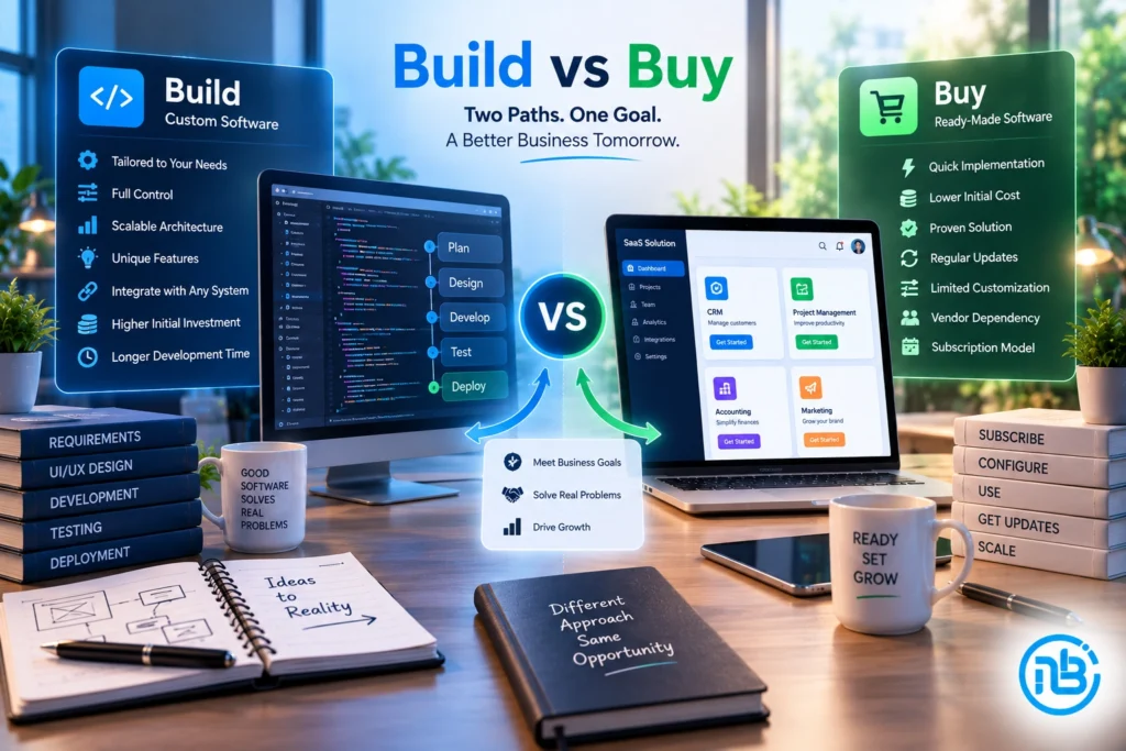 Graphic comparing custom software development with ready-made software solutions for businesses.
