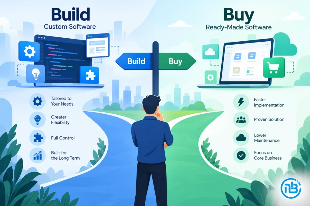 Infographic comparing custom software development costs with software subscription and ownership expenses.