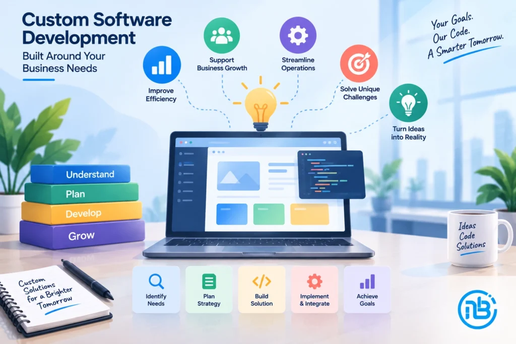 Illustration showing custom software development tailored to specific business requirements and workflows.