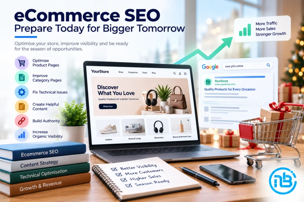 Illustration showing an eCommerce business preparing its website and SEO strategy for increased seasonal demand.