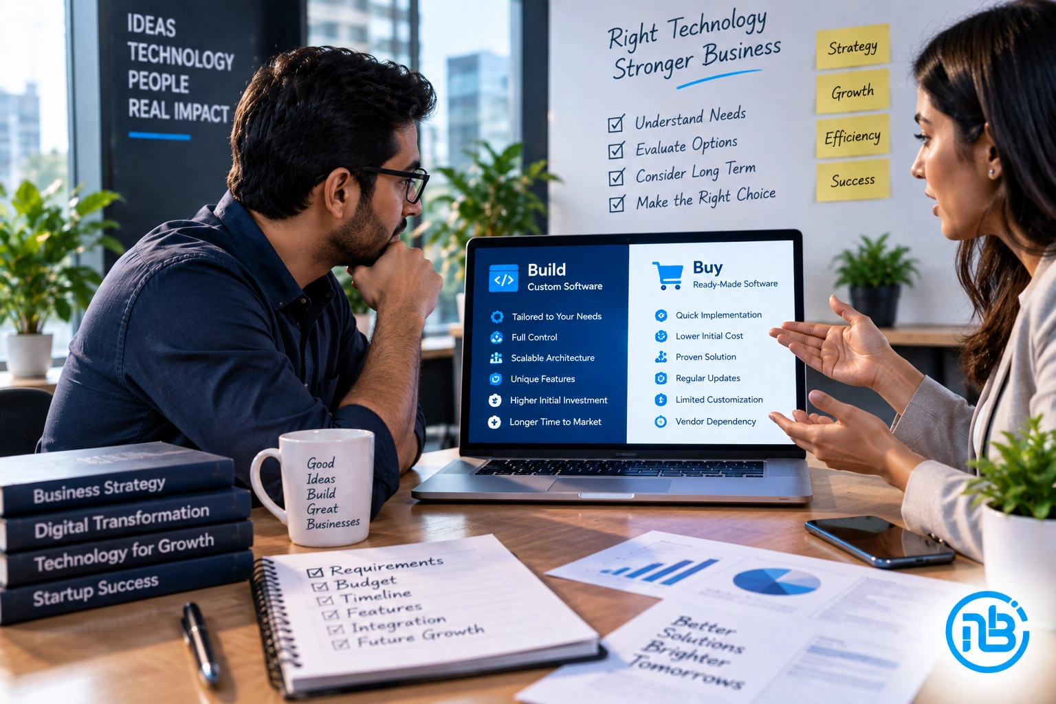 Business founder discussing custom software development and ready-made software solutions with a technology consultant.