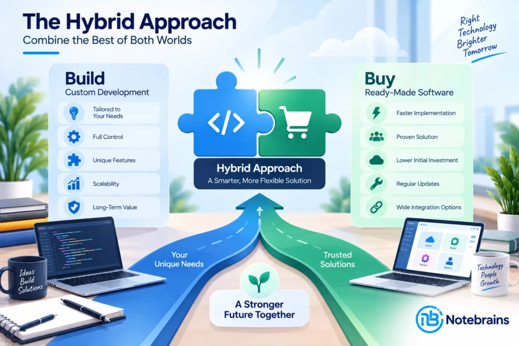 Illustration showing a hybrid software approach combining existing platforms with custom-built business applications.