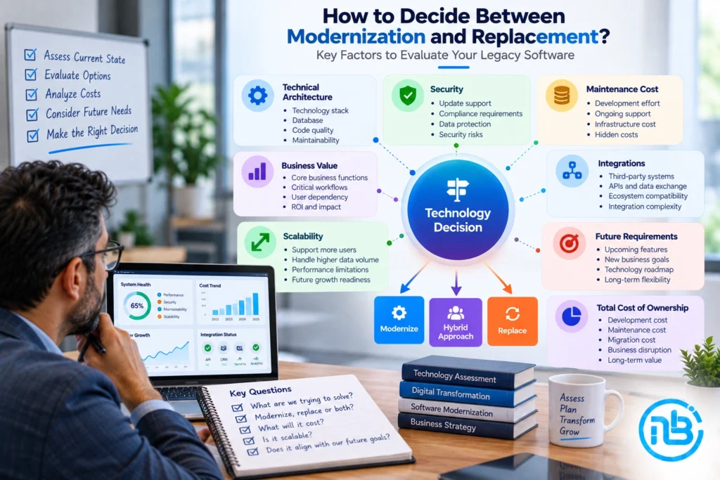 Graphic illustrating the factors businesses should evaluate when assessing legacy software.