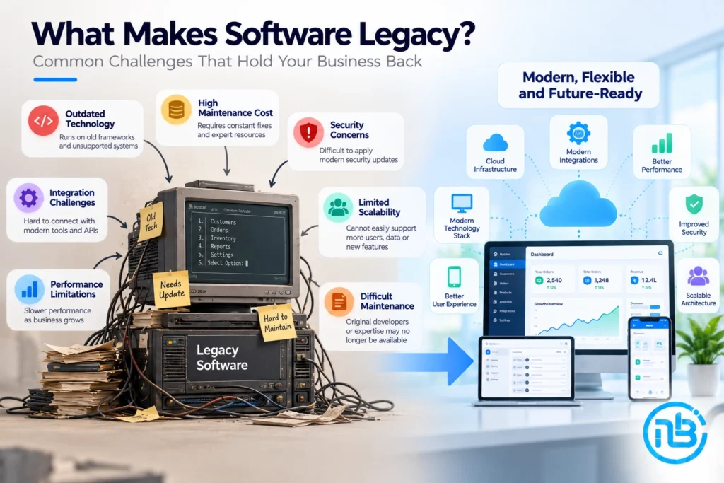 Illustration showing common technical and business challenges associated with legacy software.