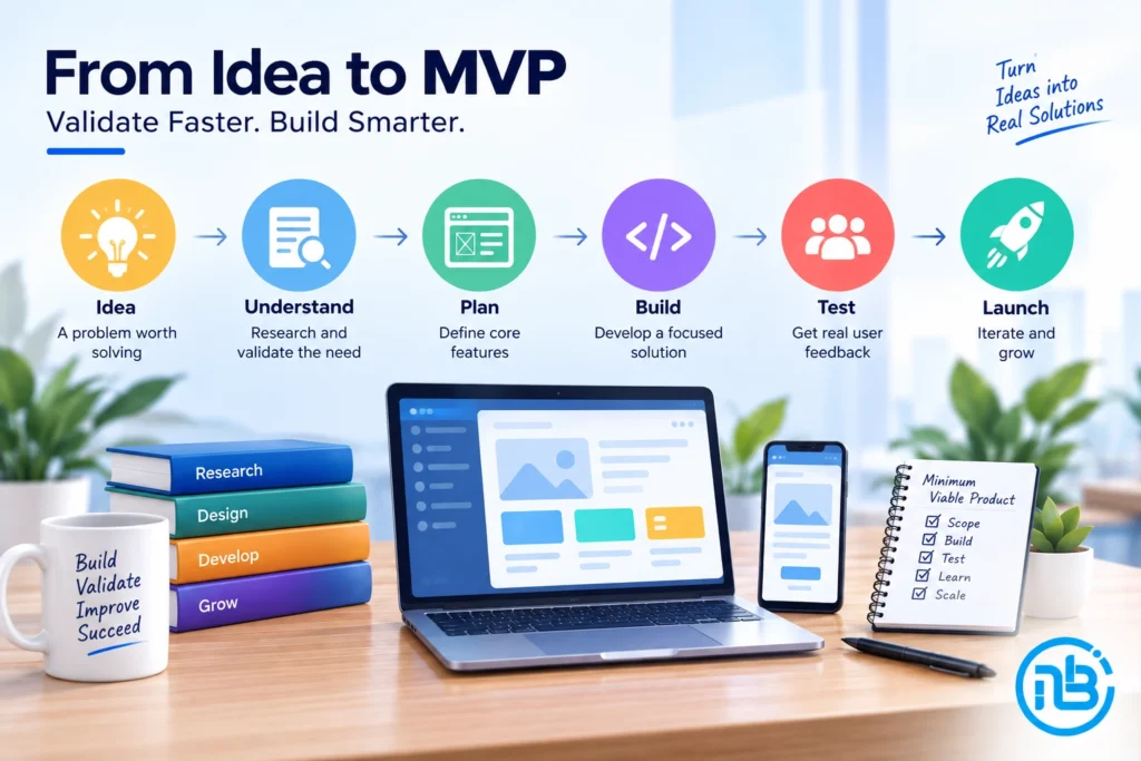 Graphic illustrating the process of turning a software idea into a minimum viable product.