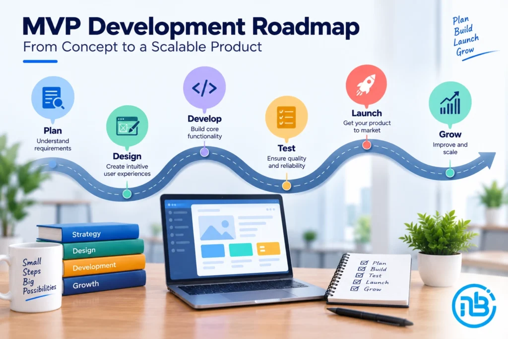 Illustration showing the stages of MVP development from planning and design to testing and launch.
