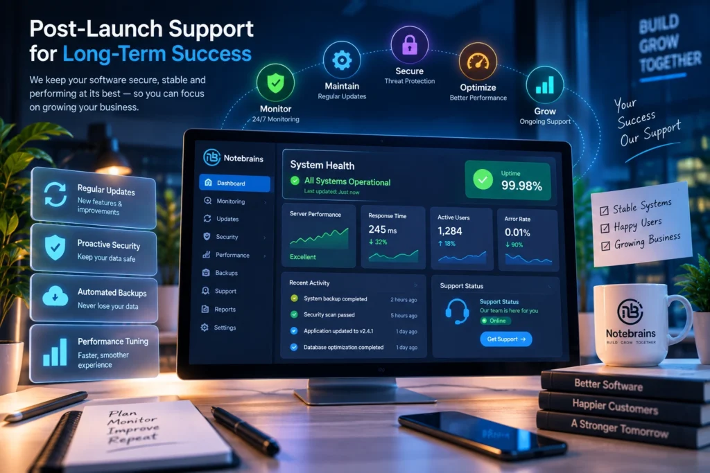 Software monitoring and maintenance graphic showing system health, performance, and security.