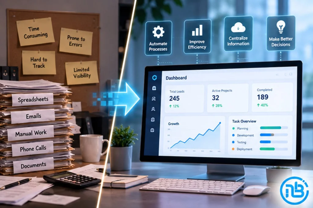 Illustration showing the transition from manual business processes to automated digital workflows for SMEs.