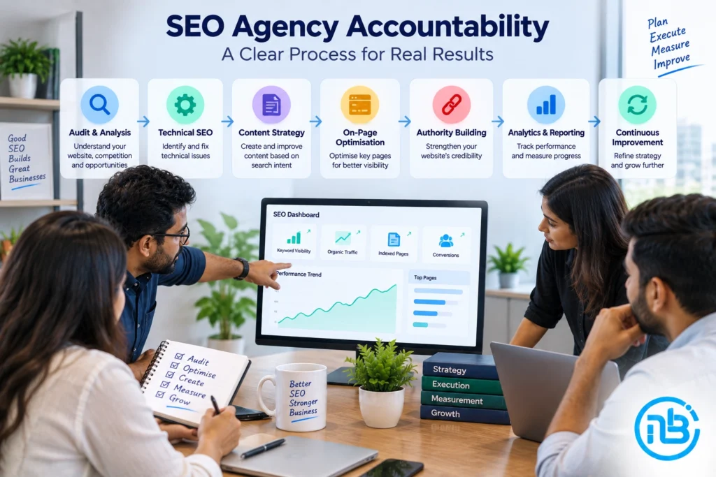 Illustration showing the SEO process of planning, optimization, measurement, and continuous improvement.