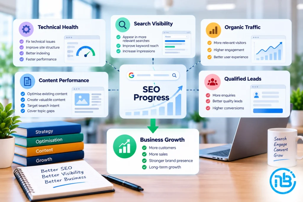 Graphic showing different SEO performance indicators connected to business growth.