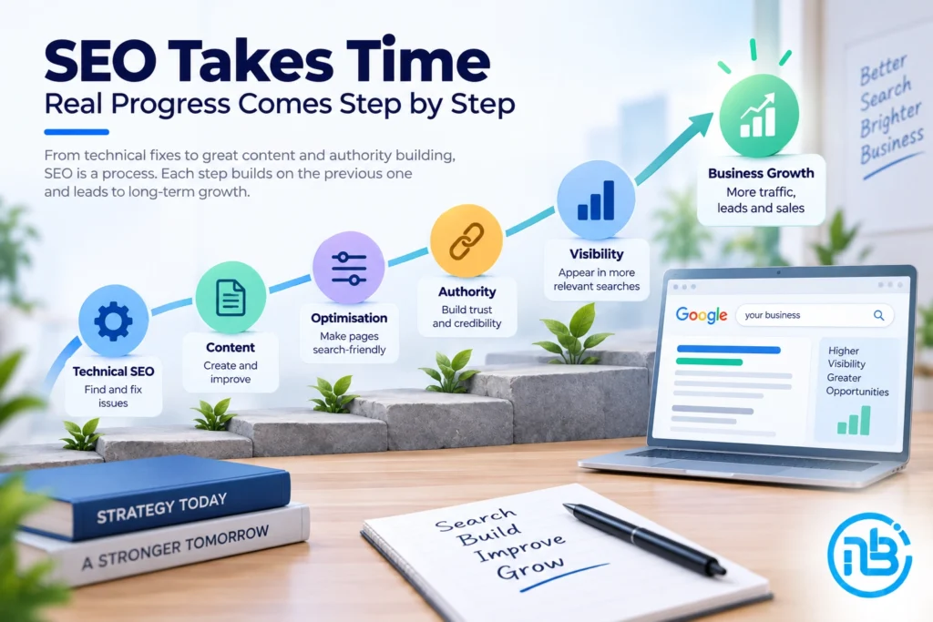 Illustration showing how technical SEO, content, optimization, and authority contribute to gradual search growth.