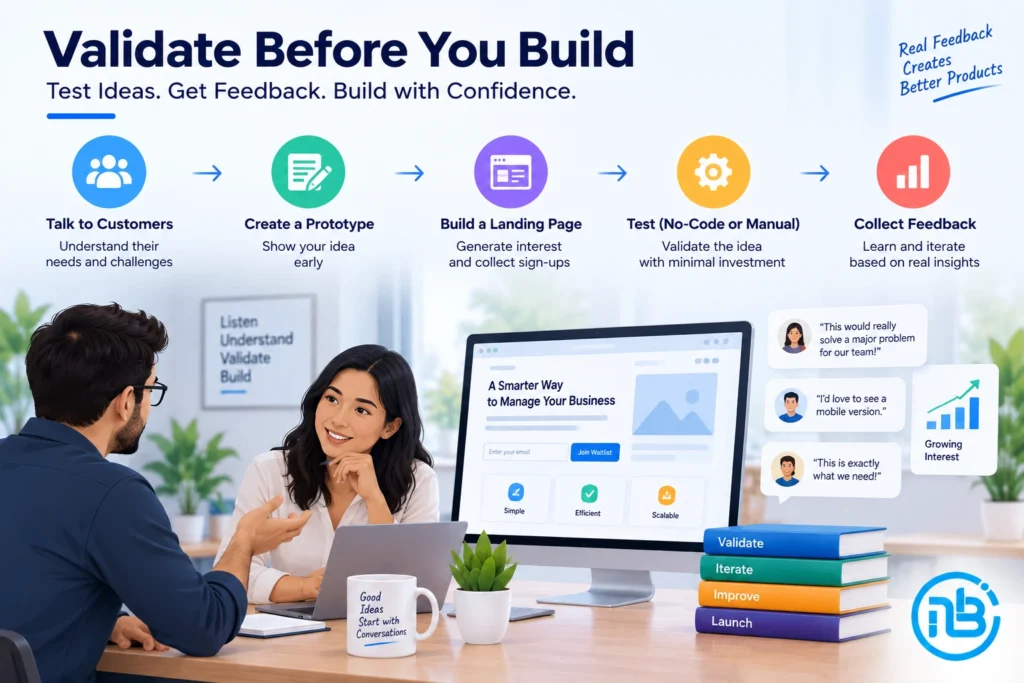 Graphic showing software idea validation through prototypes, customer feedback, and early user testing.