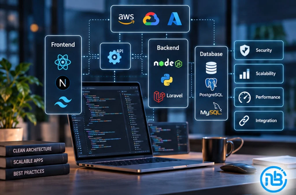 Software architecture illustration showing frontend, backend, APIs, databases, and cloud infrastructure.
